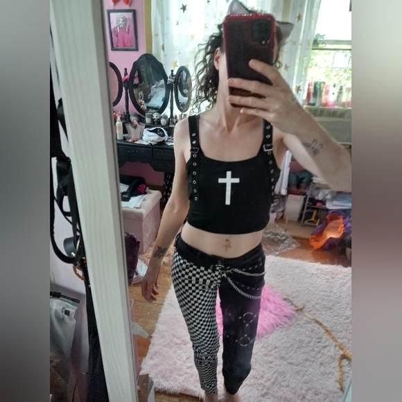 Rad goth cropped tank w/ cross and eyelet straps! SOLD! - Picture 2 of 6